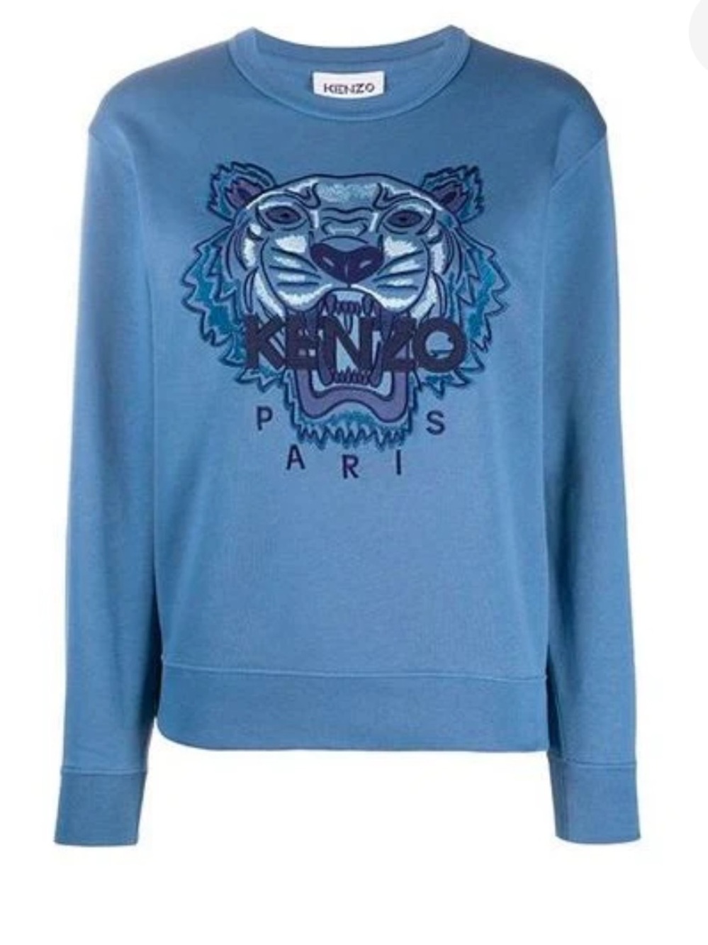 KENZO Cotton Tiger Head Embroidered Pullover Round Neck Hoodie Blue Size Medium